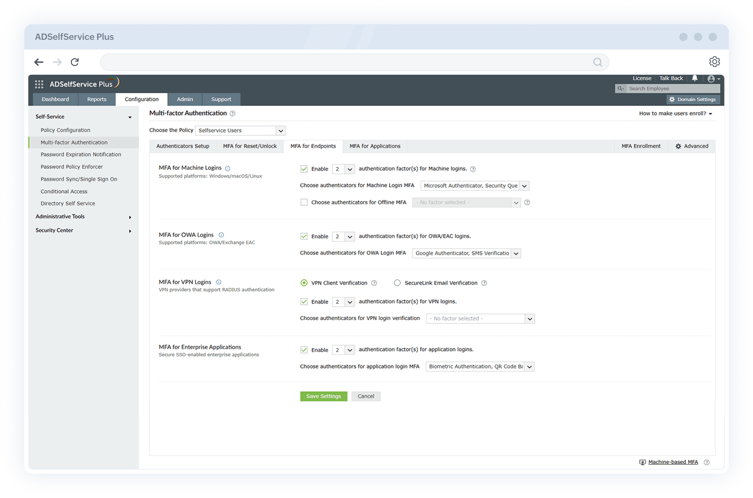 Dynamic authentication configuration in ADSelfService Plus.