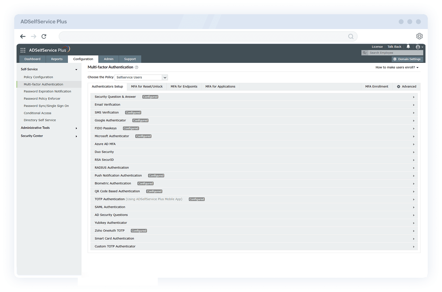 MFA for Active Directory endpoint configuration in ADSelfService Plus.