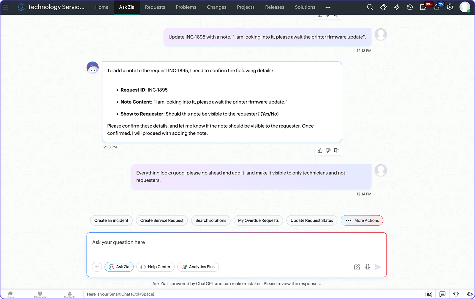 AI chatbot updating real-time IT request status & notes