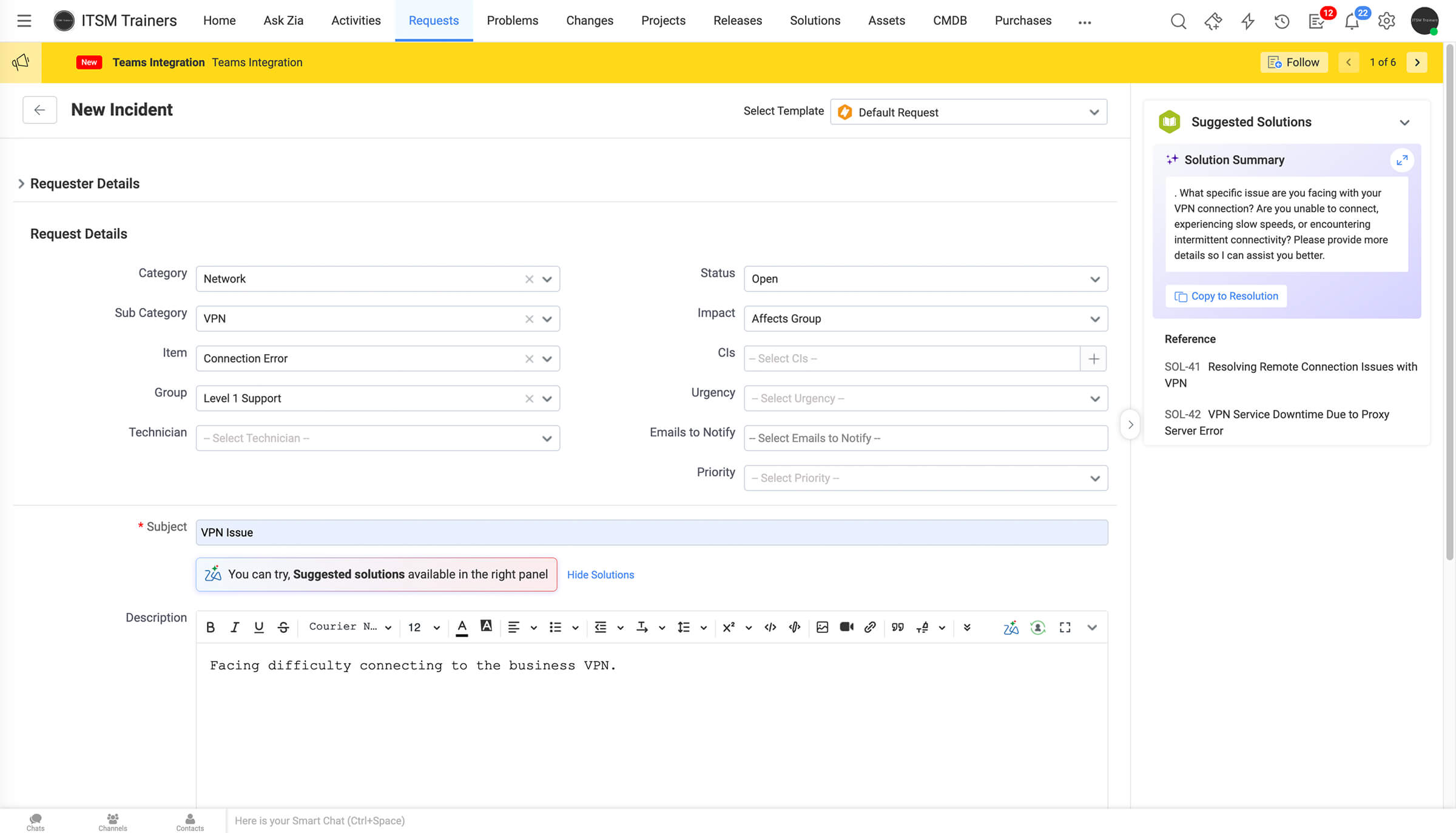 User raising an IT incident request in the main interface