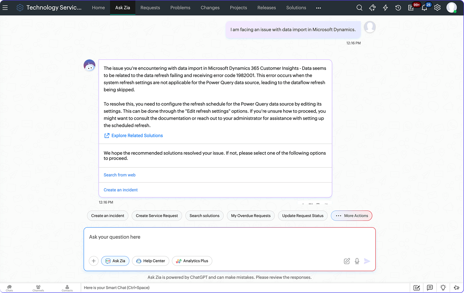 Ask Zia AI-powered chatbot assisting users with IT support queries