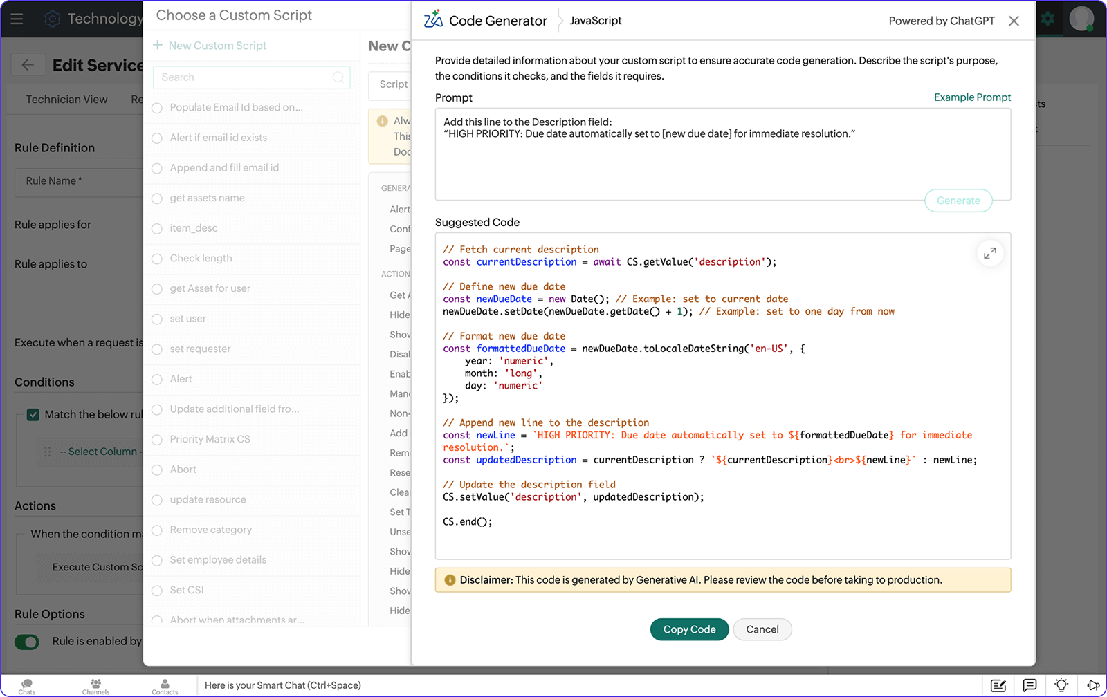 Zia AI code generator helping IT teams create scripts effortlessly
