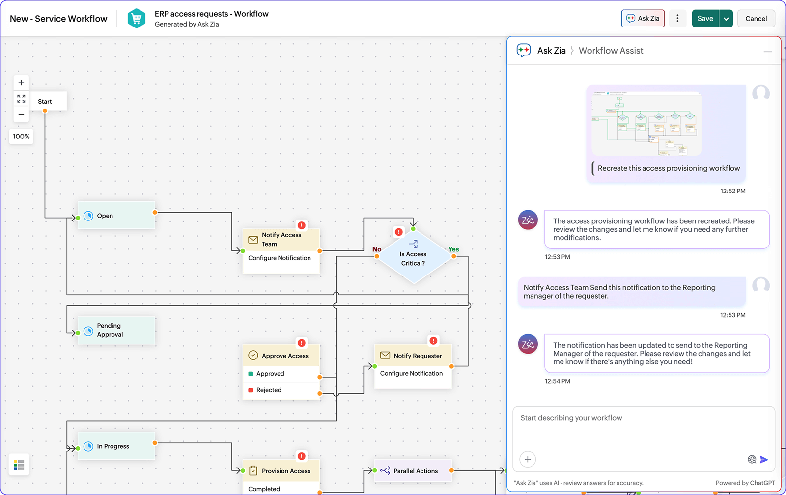 Zia AI workflow assistant automating IT tasks for small scale businesses