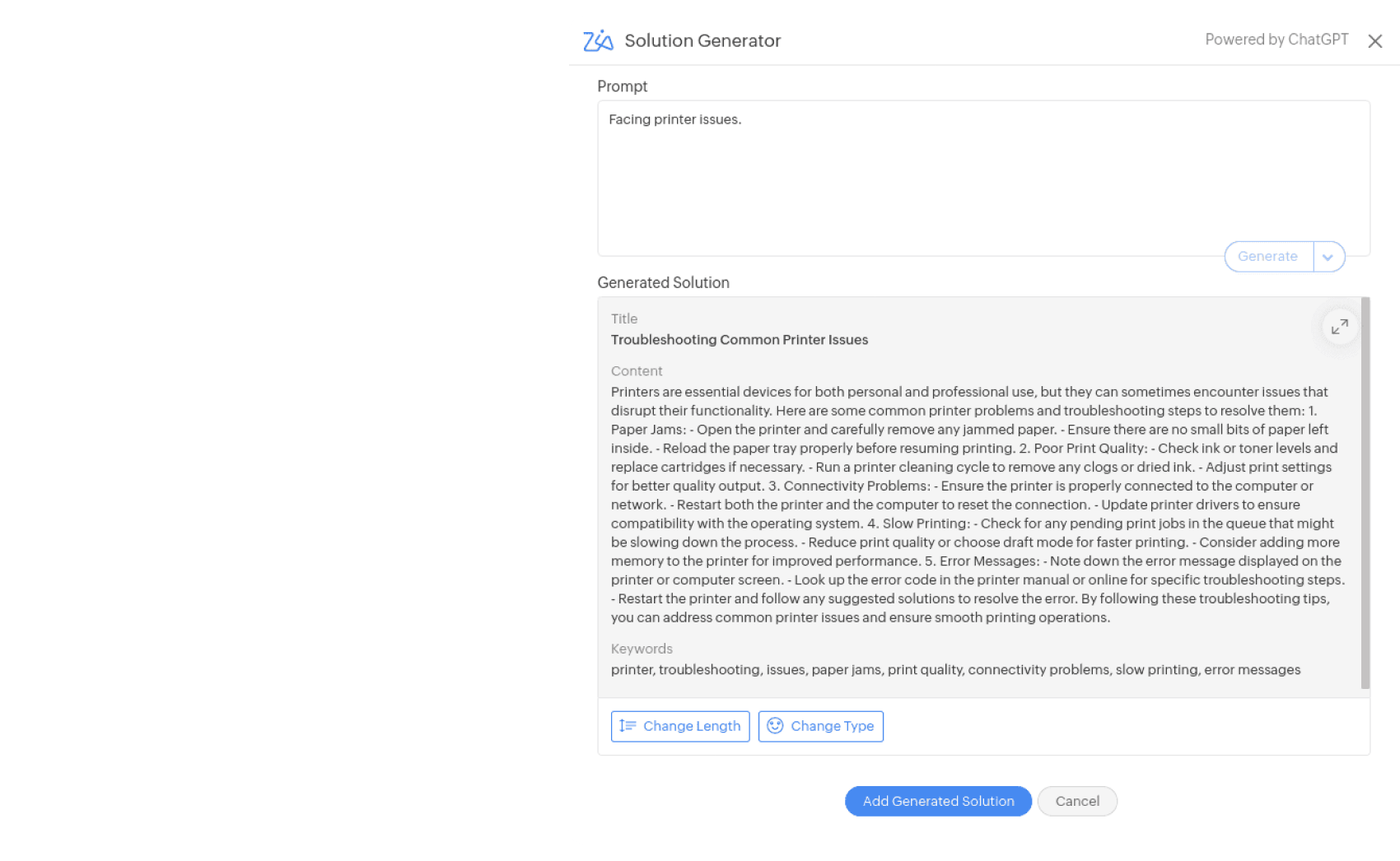 Zia AI generating solutions from ticket details for faster resolution