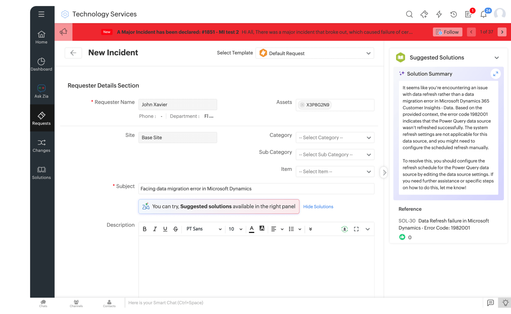 Zia suggesting solutions with a summarized view to guide users