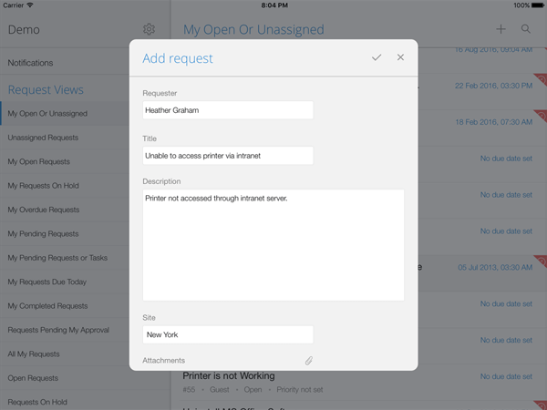 Dashboard añadir requisitos help desk en la app móvil iPad SDP