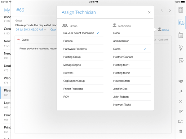 Dashboard asignación de técnicos help desk en la app móvil iPad SDP