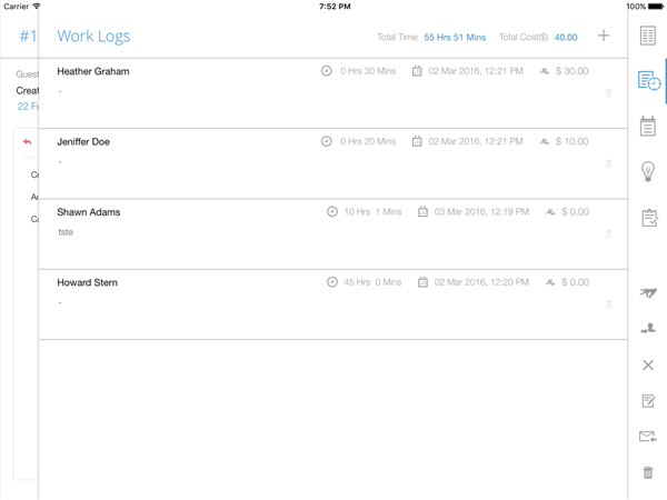 Dashboard gestión de worklog en la app móvil iPad SDP