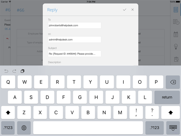 Dashboard ticket de respuesta en la app móvil iPad SDP