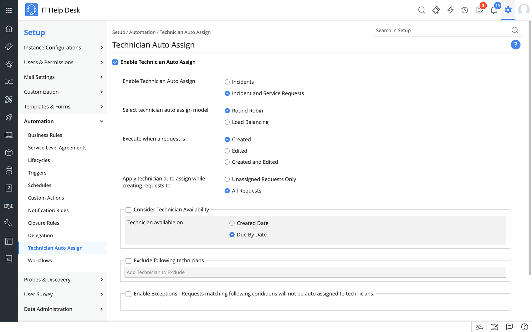 Janela de configuração da atribuição automática  de tickets no ServiceDesk Plus