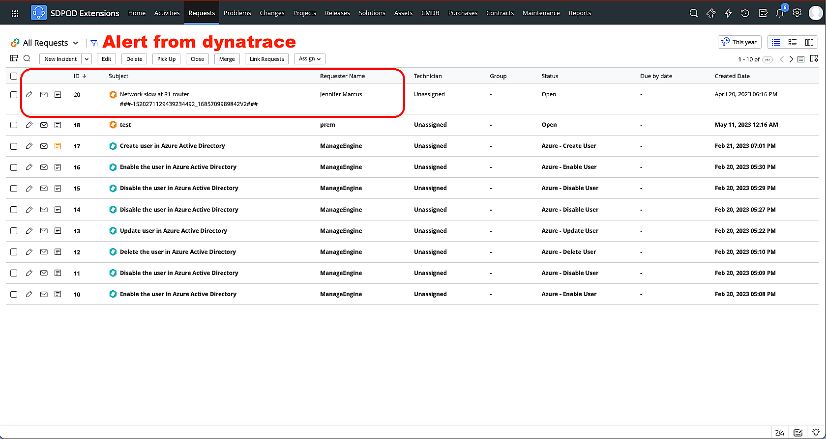 Dynatrace extension with ServiceDesk Plus Cloud