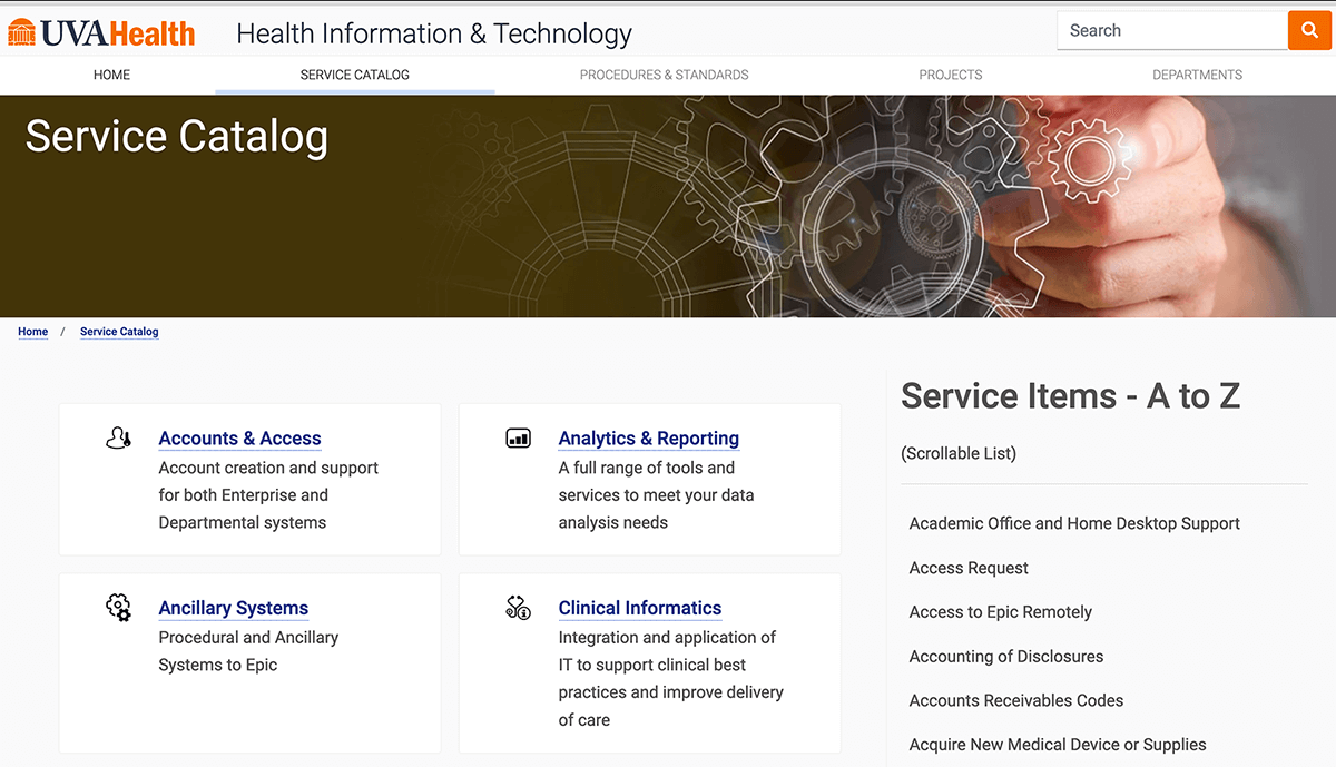 IT service catalog examples - Virginia healthcare