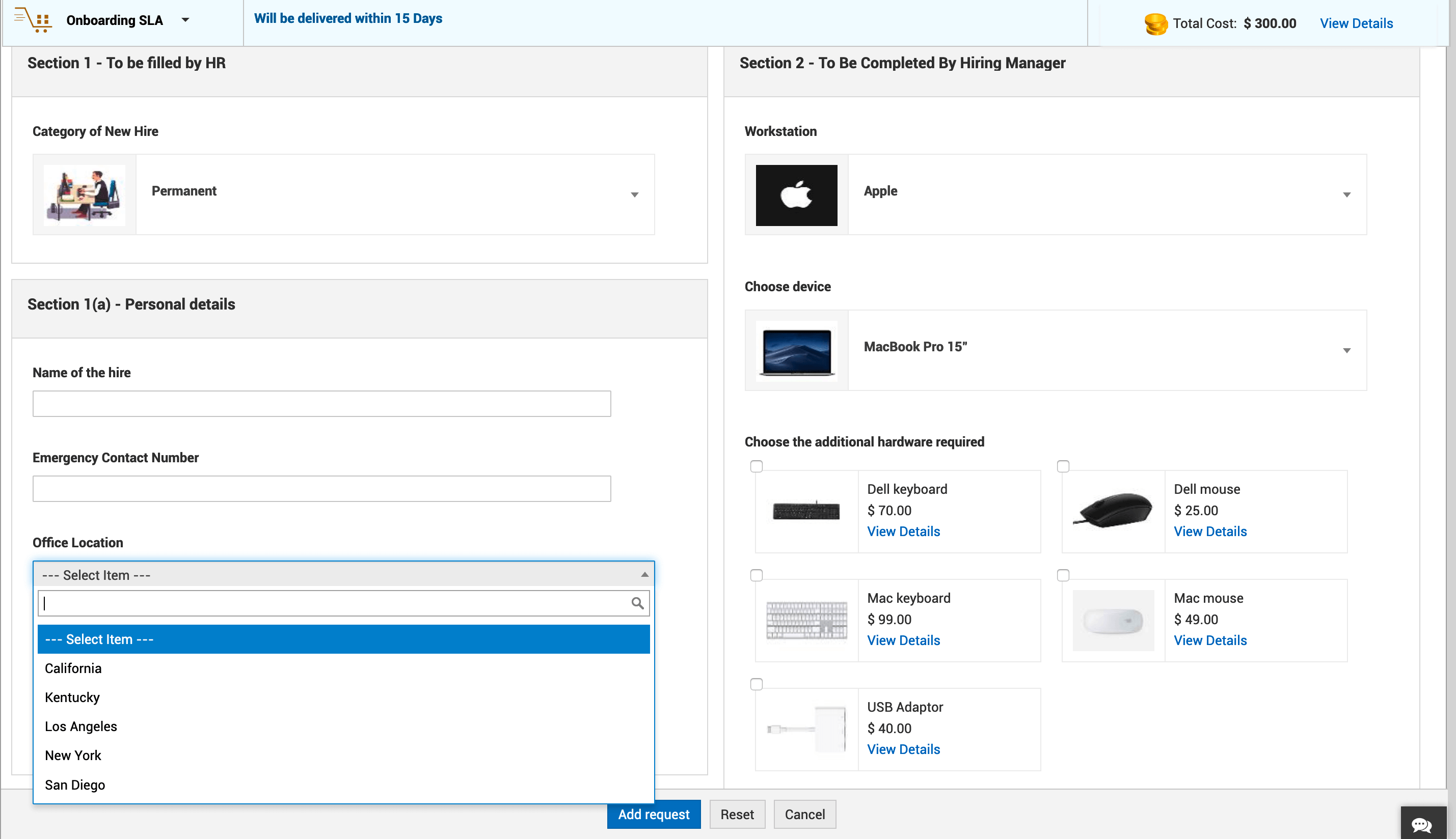 Service request form for onboarding process