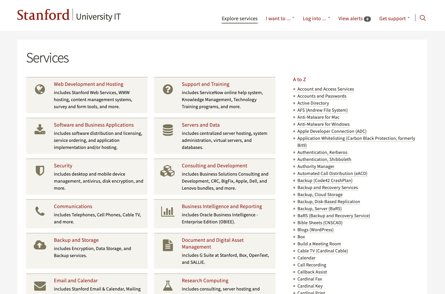 Service catalog of Stanford University