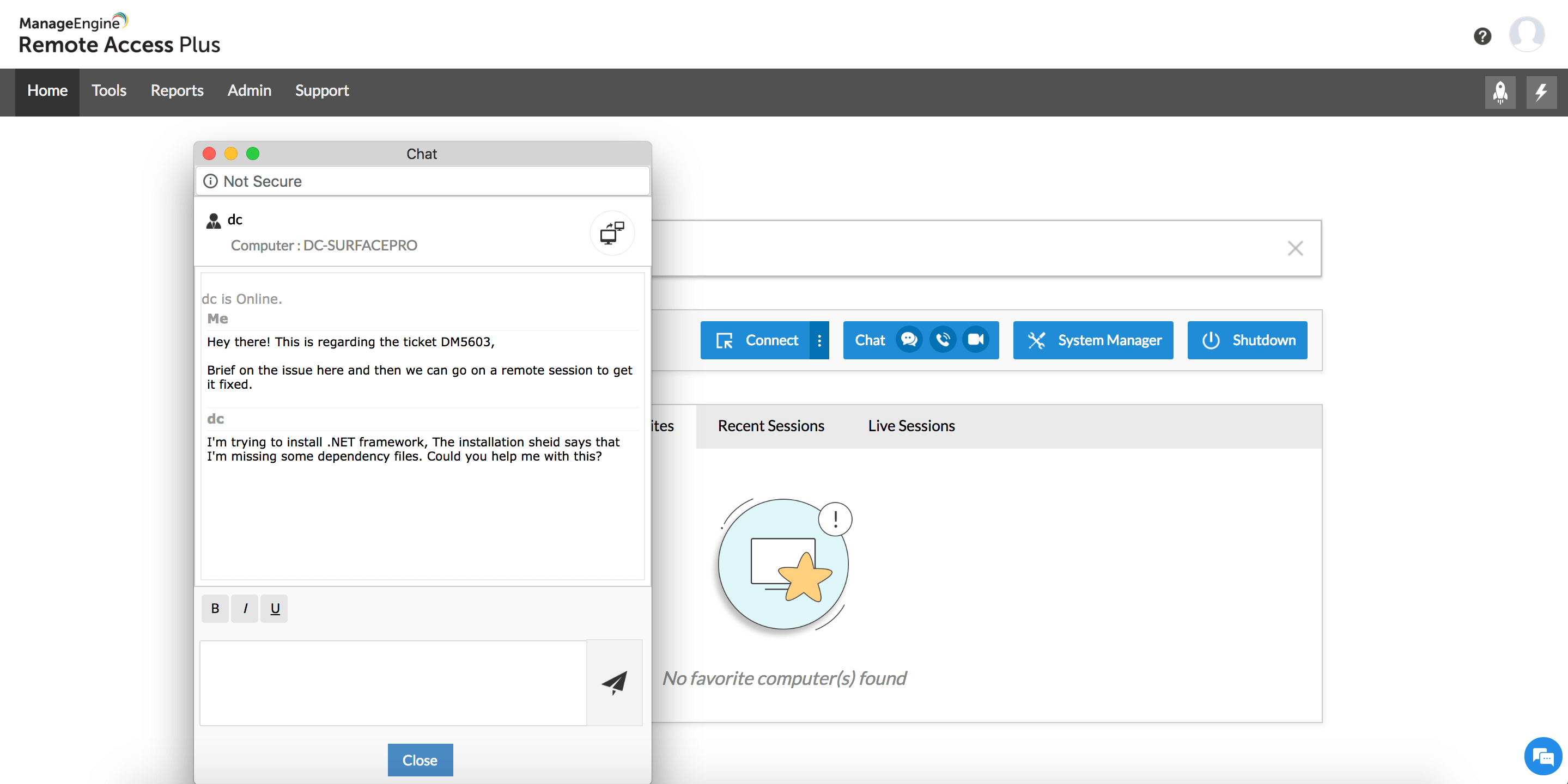 Chat option in Mac remote desktop connection