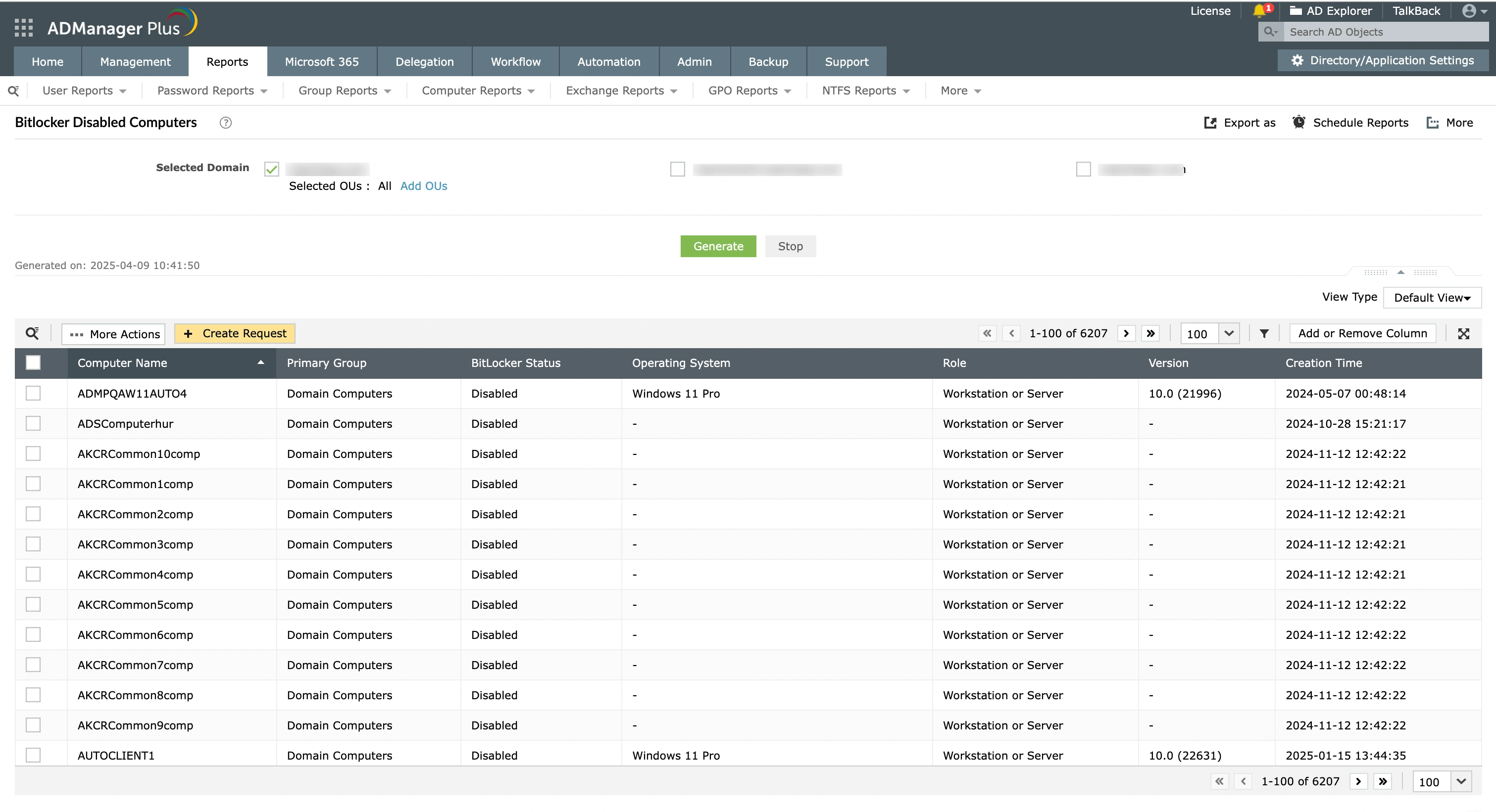 Как создать отчет о компьютерах, на которых отключен BitLocker, с помощью ADManager Plus