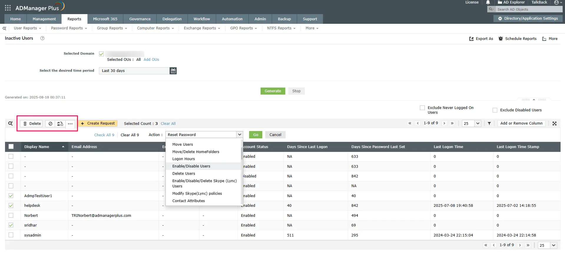 Отчет о неактивных компьютерах в ADManager Plus помогает администраторам находить неактивные компьютеры AD и мгновенно управлять ими