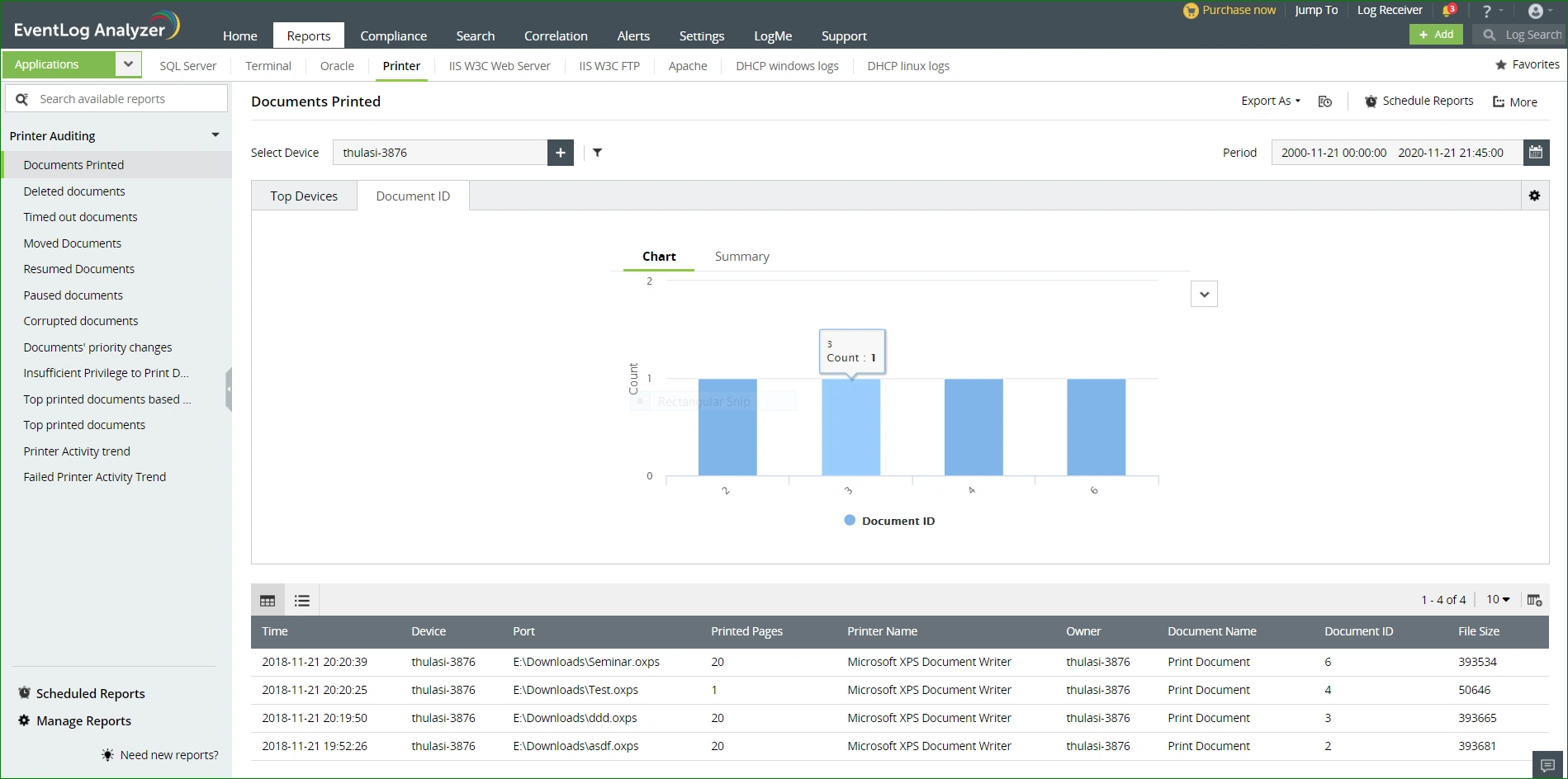 Отчеты о сервере печати Windows в EventLog Analyzer