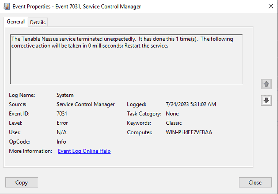 Интерпретация события с идентификатором 7031 в средстве просмотра событий
