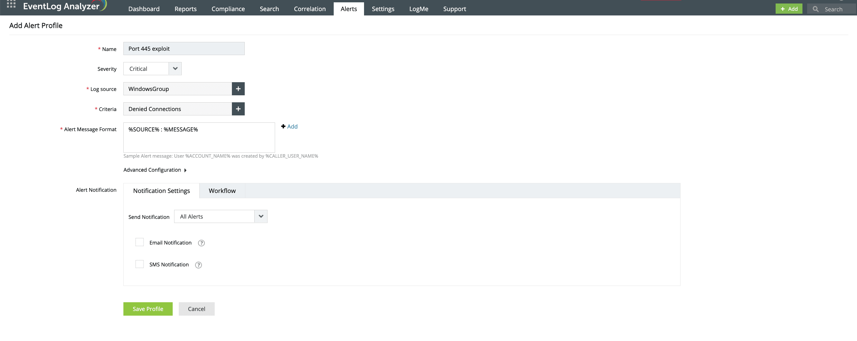 Добавление профилей оповещений с помощью EventLog Analyzer