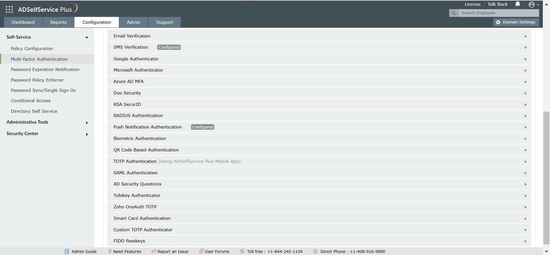 Снимок экрана, демонстрирующий различные факторы аутентификации, доступные в ADSelfService Plus