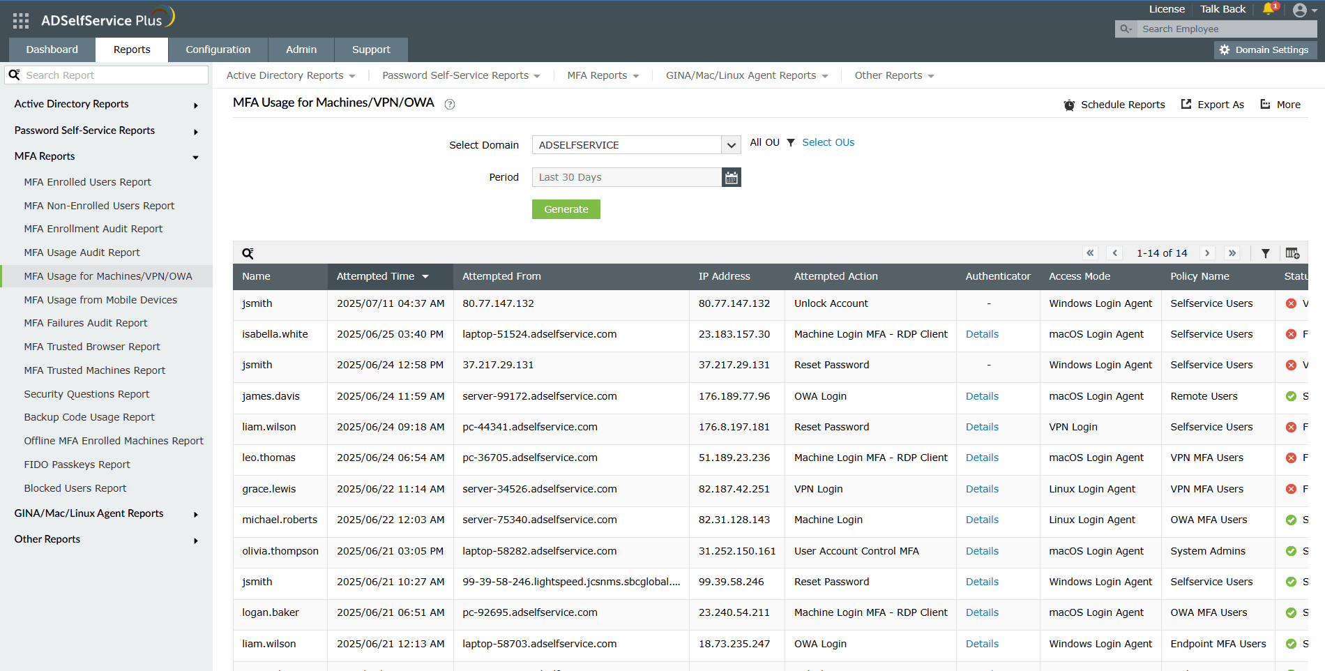 Снимок экрана: отчет об использовании MFA для компьютеров/VPN/OWA в ADSelfService Plus для отслеживания использования многофакторной аутентификации Active Directory на компьютерах, для VPN-подключений и входа в OWA.