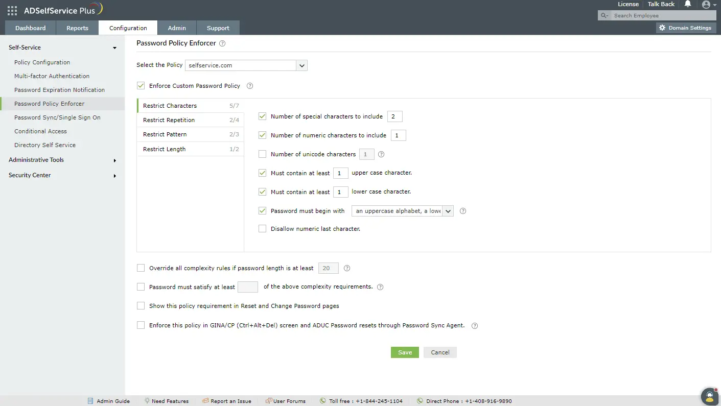 Настройка надежной политики паролей с помощью ADSelfService Plus для улучшения гигиены паролей.