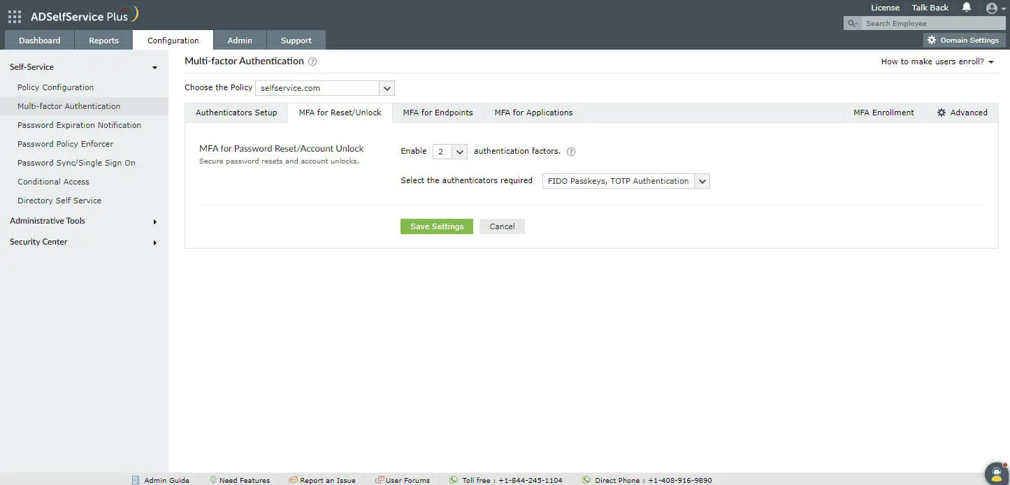 Настройка MFA для безопасного самостоятельного сброса паролей с помощью ADSelfService Plus