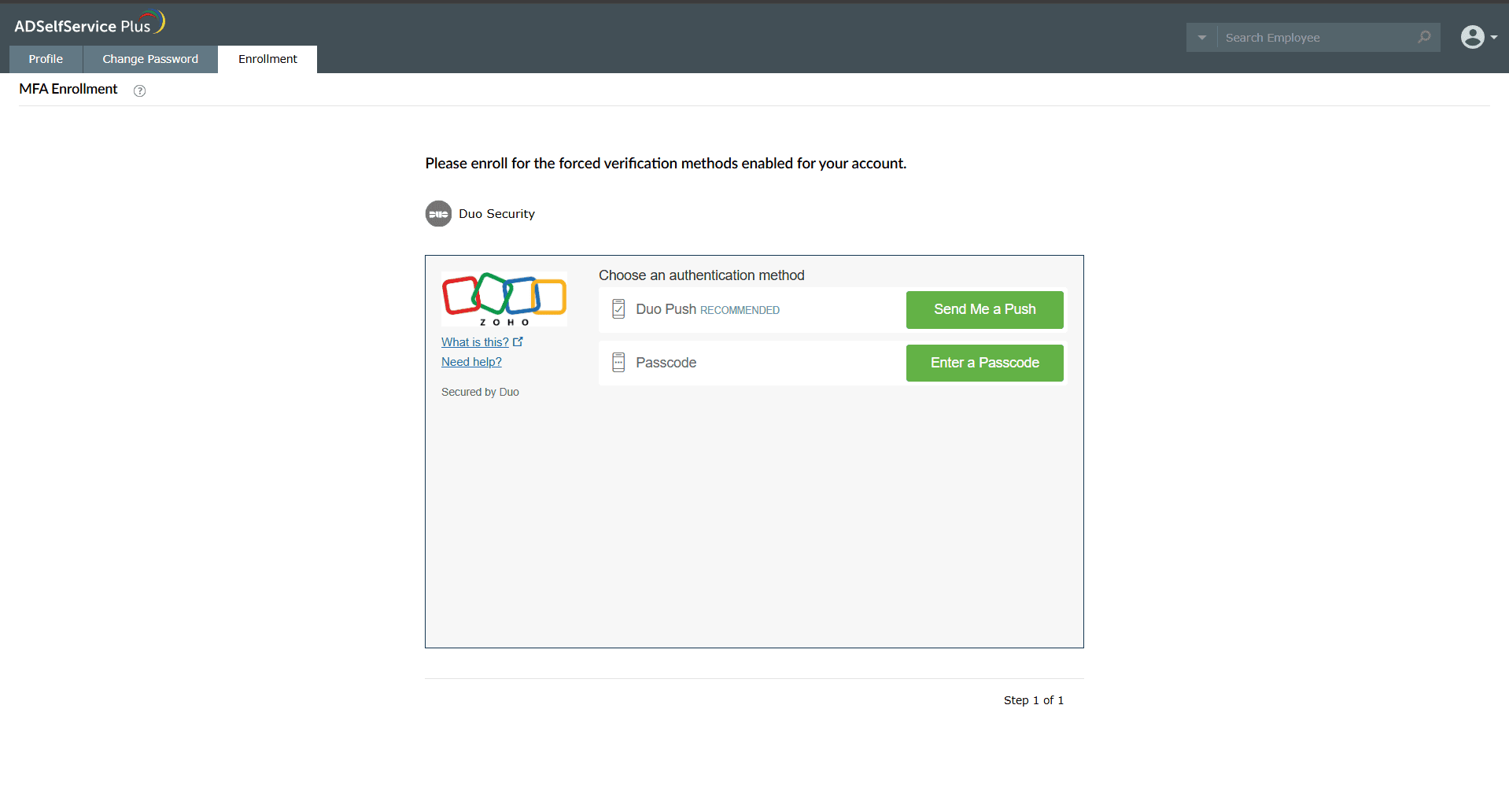 Регистрация в системе аутентификации Duo Web SDK 2 с использованием ADSelfService Plus.