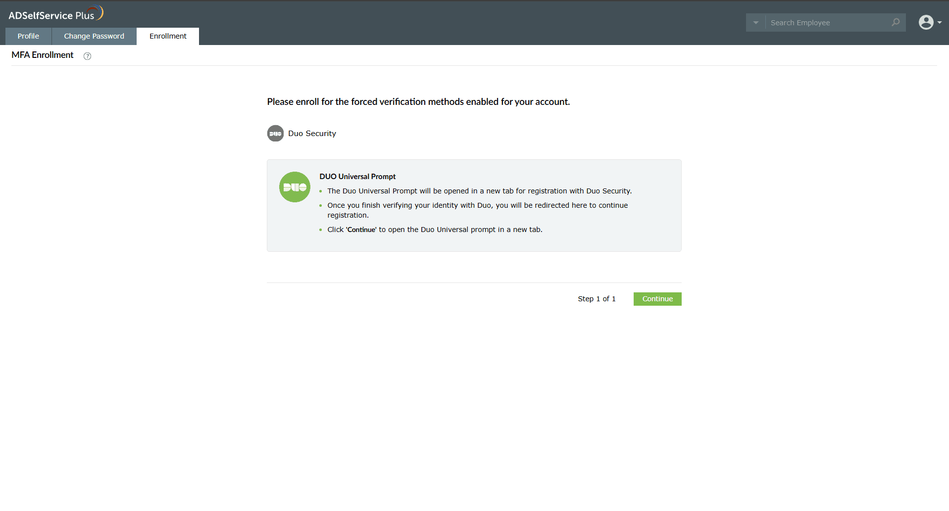 Регистрация в системе аутентификации Duo Web SDK 4 с использованием ADSelfService Plus.