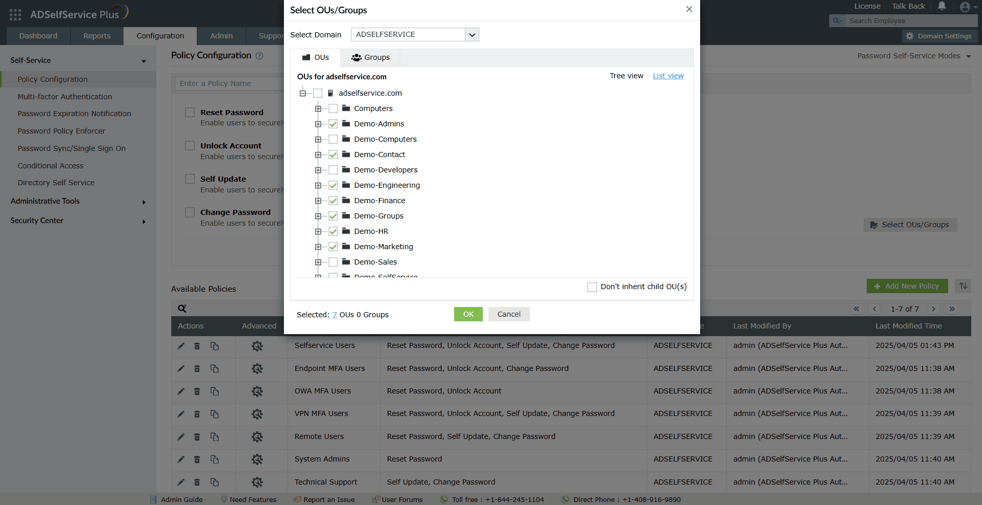 Снимок экрана: раздел политики пользователей на веб-портале ADSelfService Plus для выбора подразделений и групп для включения многофакторной аутентификации Active Directory.