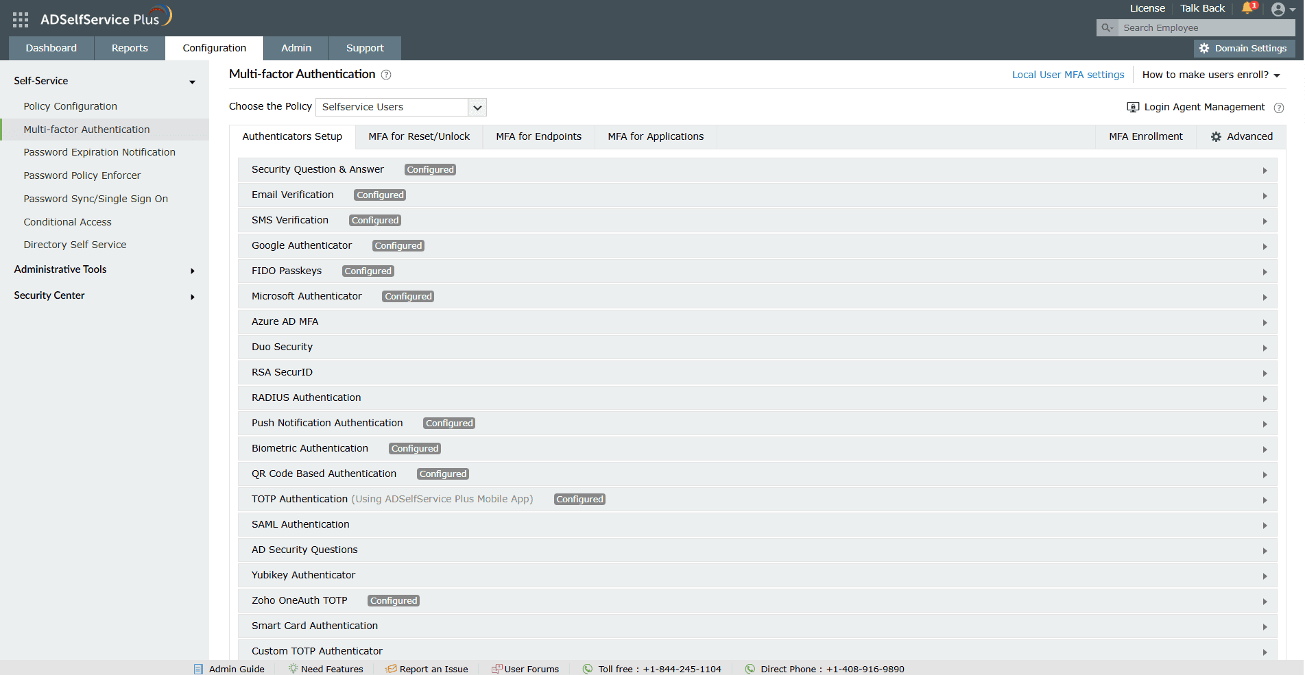 Список аутентификаторов, поддерживаемых ADSelfService Plus, включая push-уведомления, одноразовые пароли, биометрию и смарт-карты.