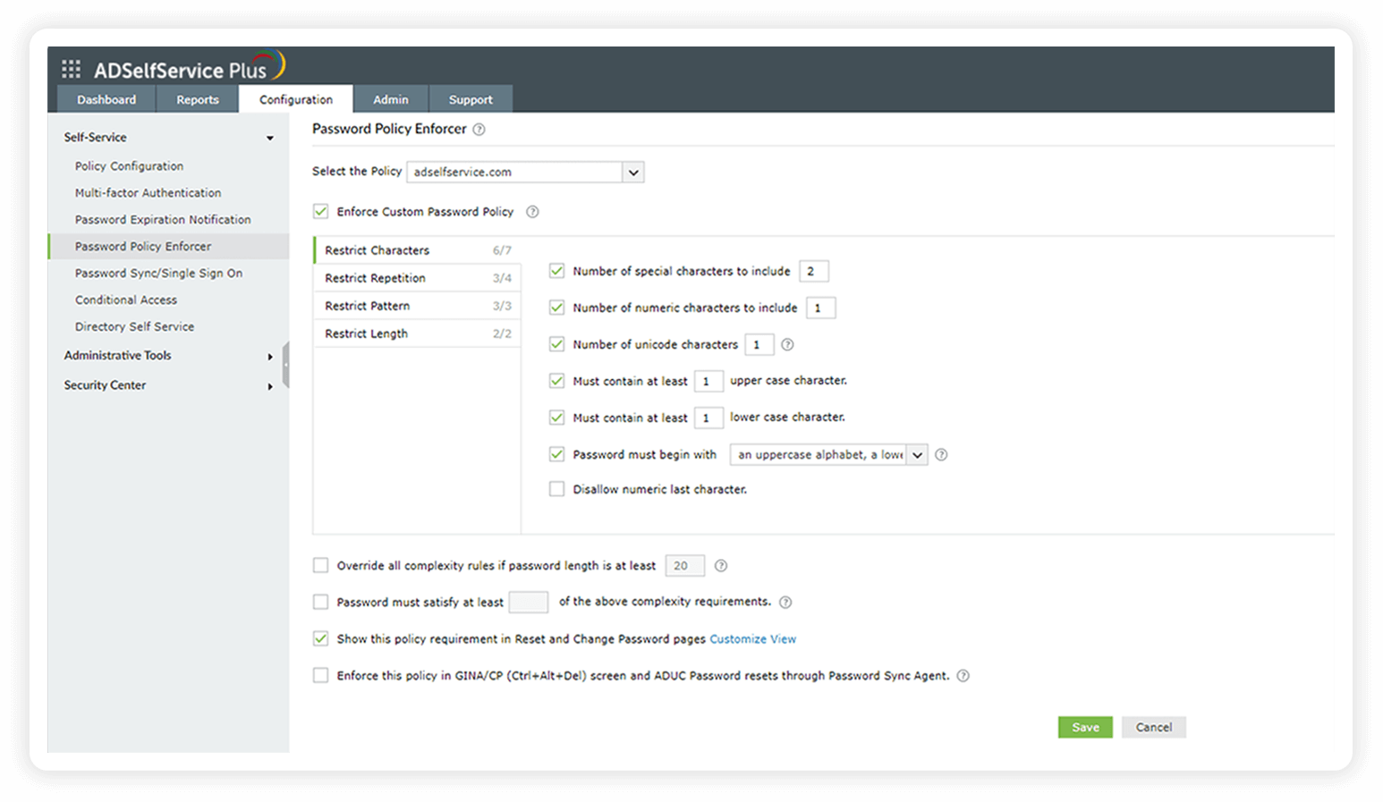 Снимок экрана средства принудительного применения политики паролей в ADSelfService Plus