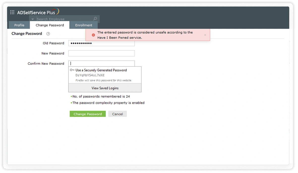 Изображение, показывающее, что ADSelfService Plus может предотвратить установку пользователями взломанных паролей благодаря интеграции с базой данных Have I Been Pwned