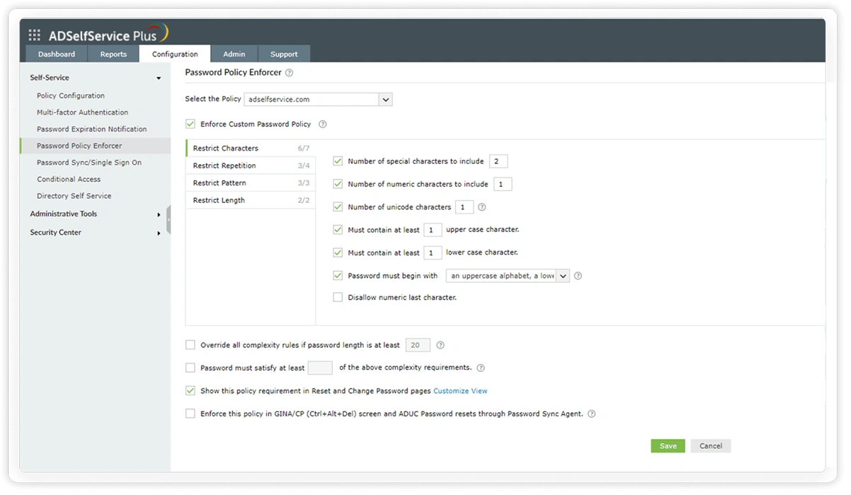 Изображение, демонстрирующее настройки ограничения символов в средстве принудительного применения политики паролей в ADSelfService Plus