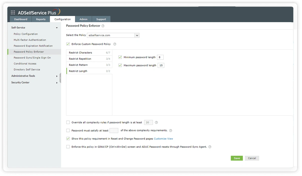 Изображение, демонстрирующее настройки ограничения длины в средстве принудительного применения политики паролей в ADSelfService Plus