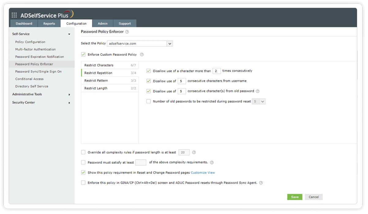 Изображение, демонстрирующее настройки ограничения повторений в средстве принудительного применения политики паролей в ADSelfService Plus