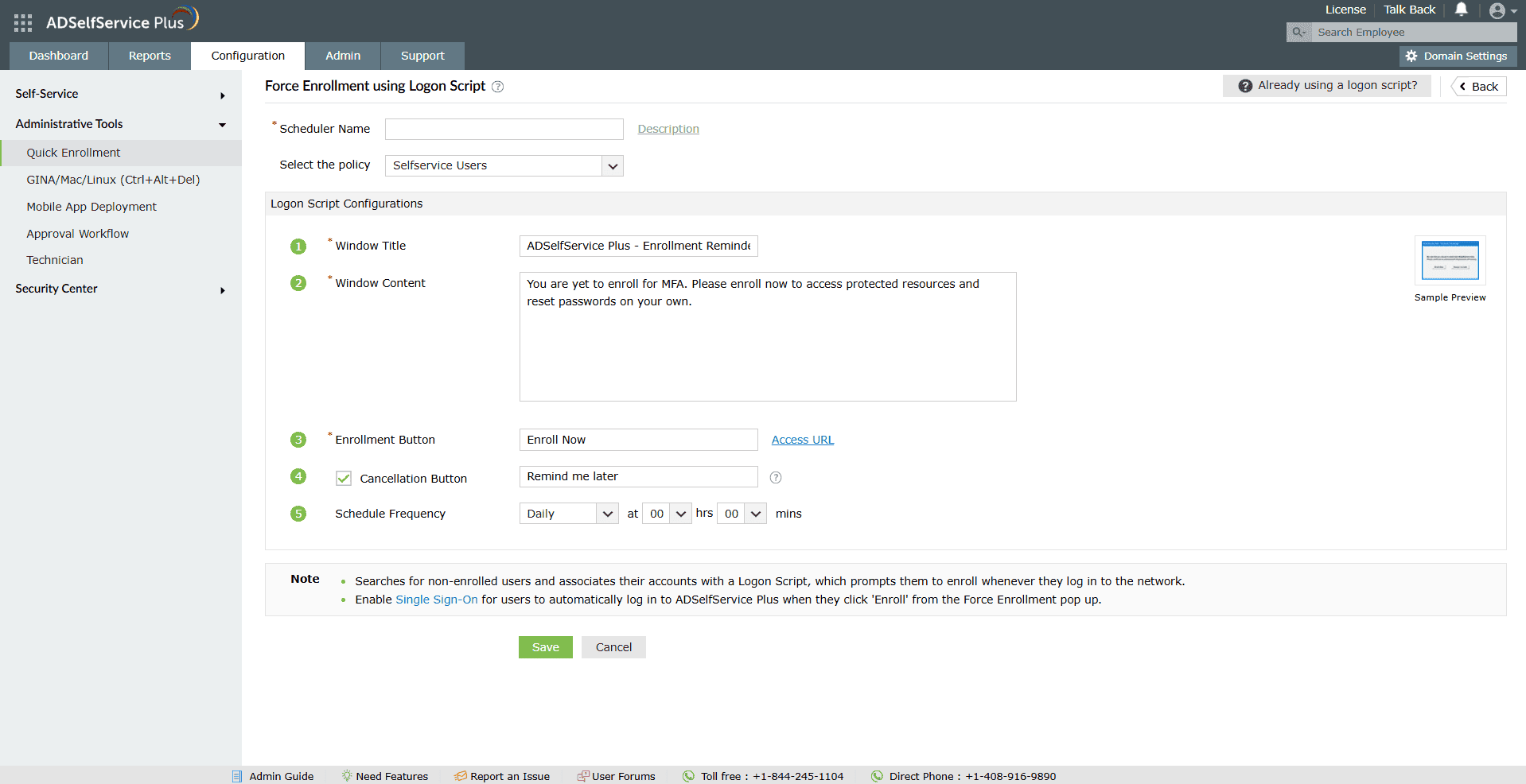Экран конфигурации в решении ADSelfService Plus для принудительной регистрации для MFA при входе в Windows и домен.