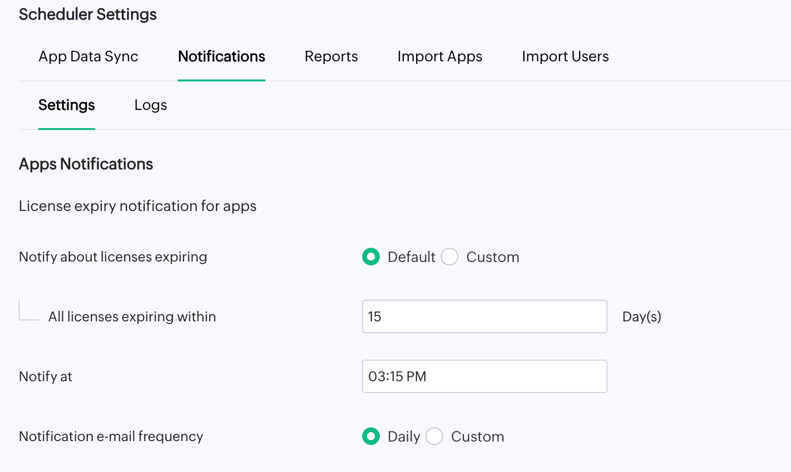 Scheduler settings configuring license expiry notifications for apps.
