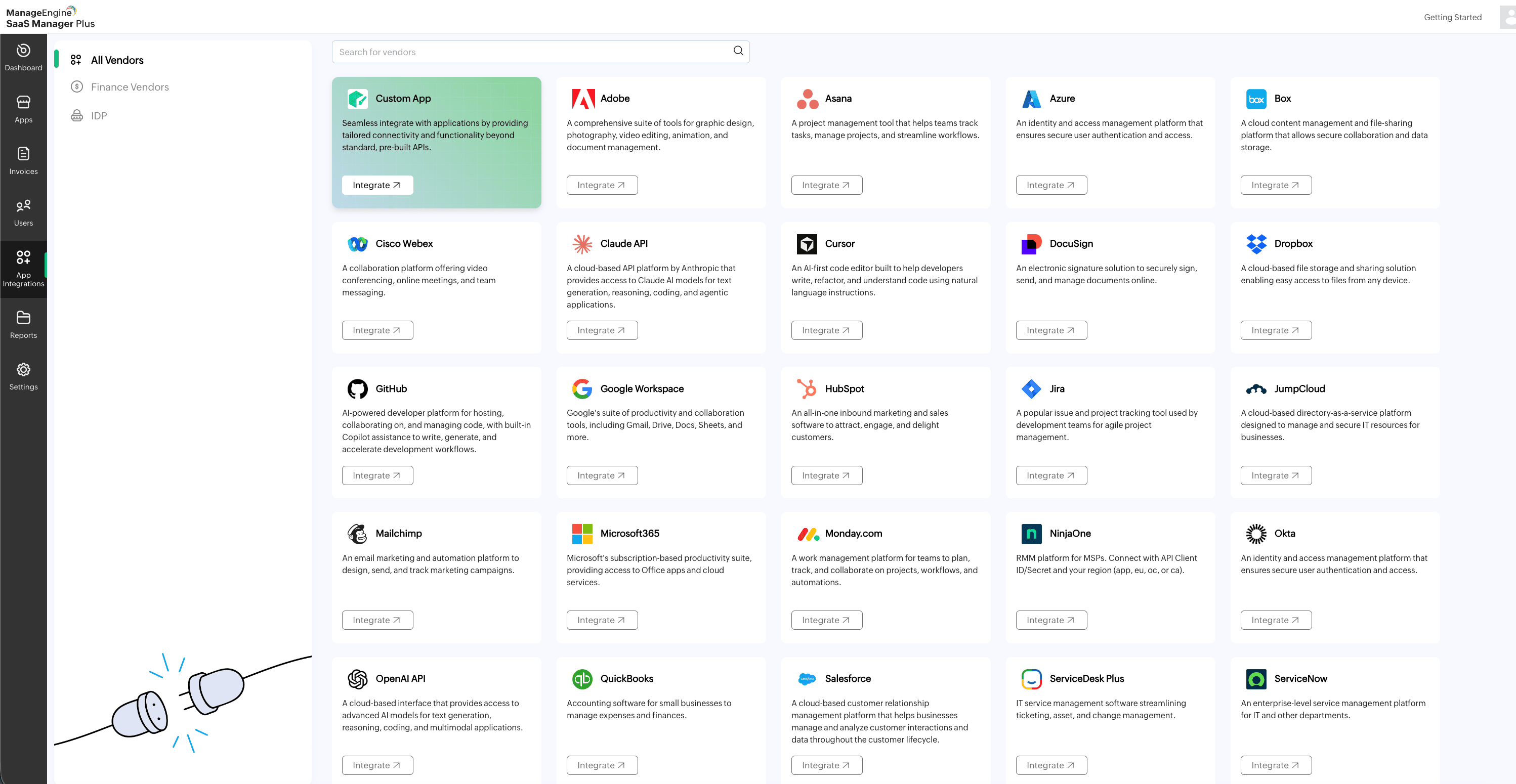 App integrations catalog showing vendor cards for Custom App, Adobe, Asana, Azure, Box, Cisco Webex, Claude API, Cursor, DocuSign, Dropbox, GitHub, Google Workspace, HubSpot, Jira, JumpCloud, Mailchimp, Microsoft 365, Monday.com, NinjaOne, Okta, OpenAI API, QuickBooks, Salesforce, ServiceDesk Plus, and ServiceNow, each with an Integrate button.