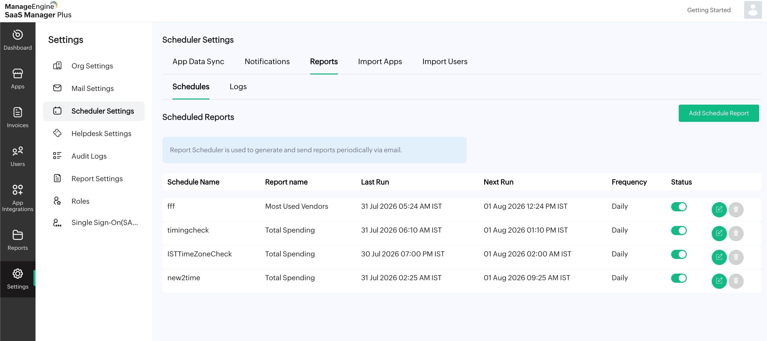 Scheduler Settings reports tab listing scheduled reports with report name, last run, next run, daily frequency, and enabled status toggles.
