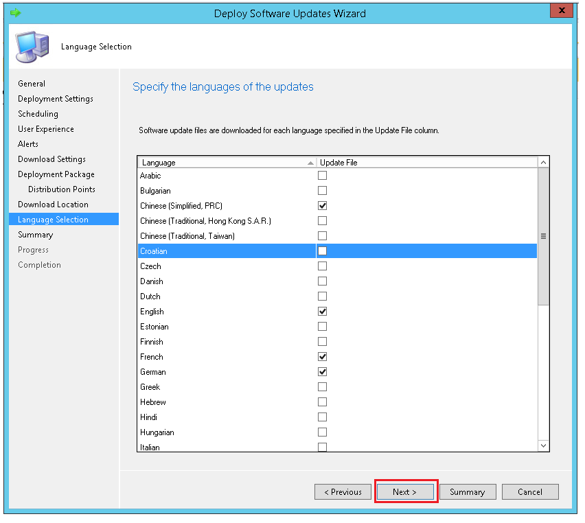 Select the required languages of the updates using ManageEngine SCCM deployment