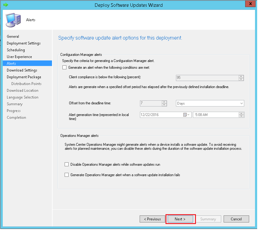 Specify software update alert options for the deployment using ManageEngine SCCM deployment