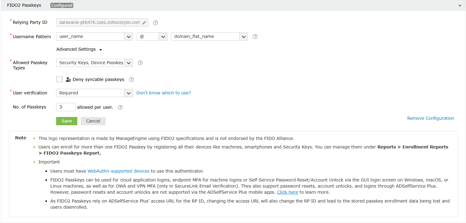 Een afbeelding van de configuratie van FIDO-toegangscodes in ADSelfService Plus
