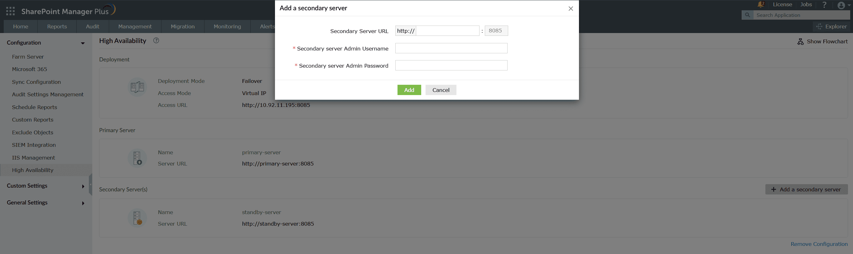 Adding a secondary server in a high availability configuration in SharePoint Manager Plus