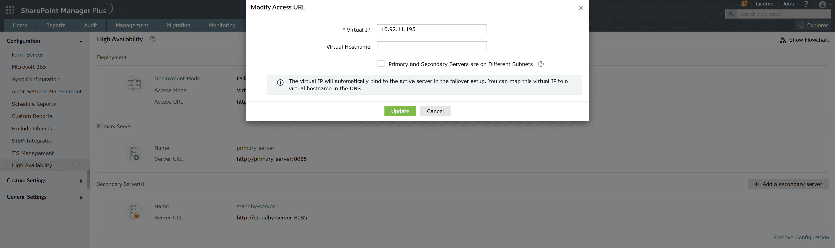 Modifying the access URL in a high availability configuration in SharePoint Manager Plus