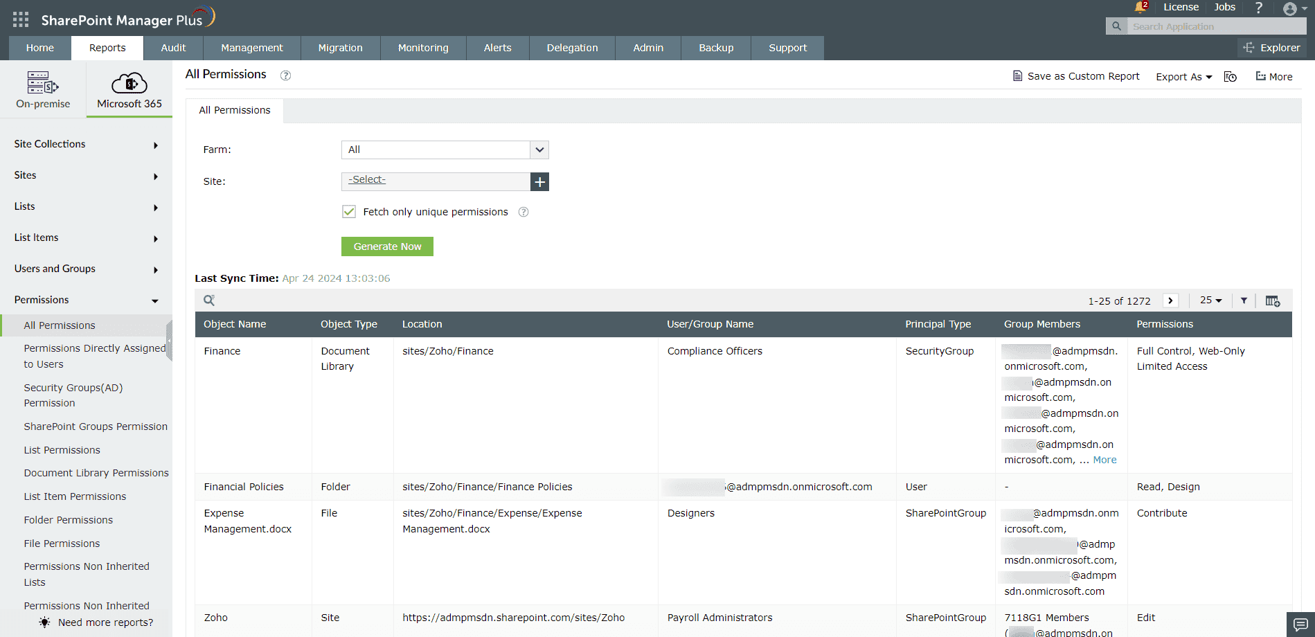 Generating the All Permissions report to view SharePoint Online site permissions using SharePoint Manager Plus
