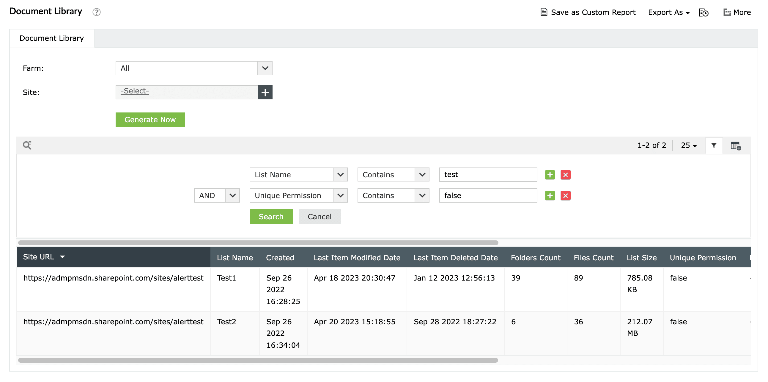 Customizing the Document Library report using filters and conditions in SharePoint Manager Plus.