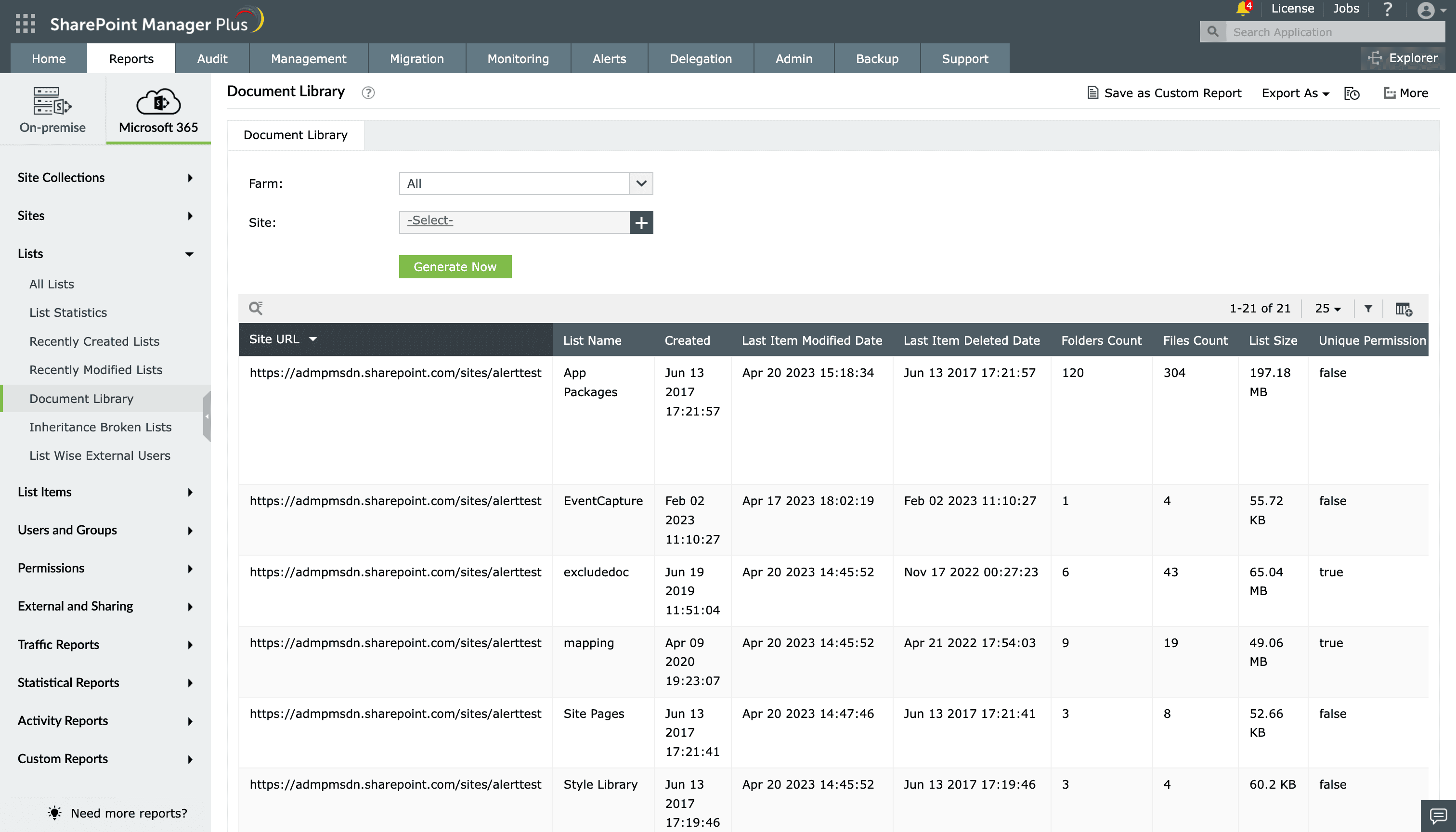 The Document Library report generated in SharePoint Manager Plus