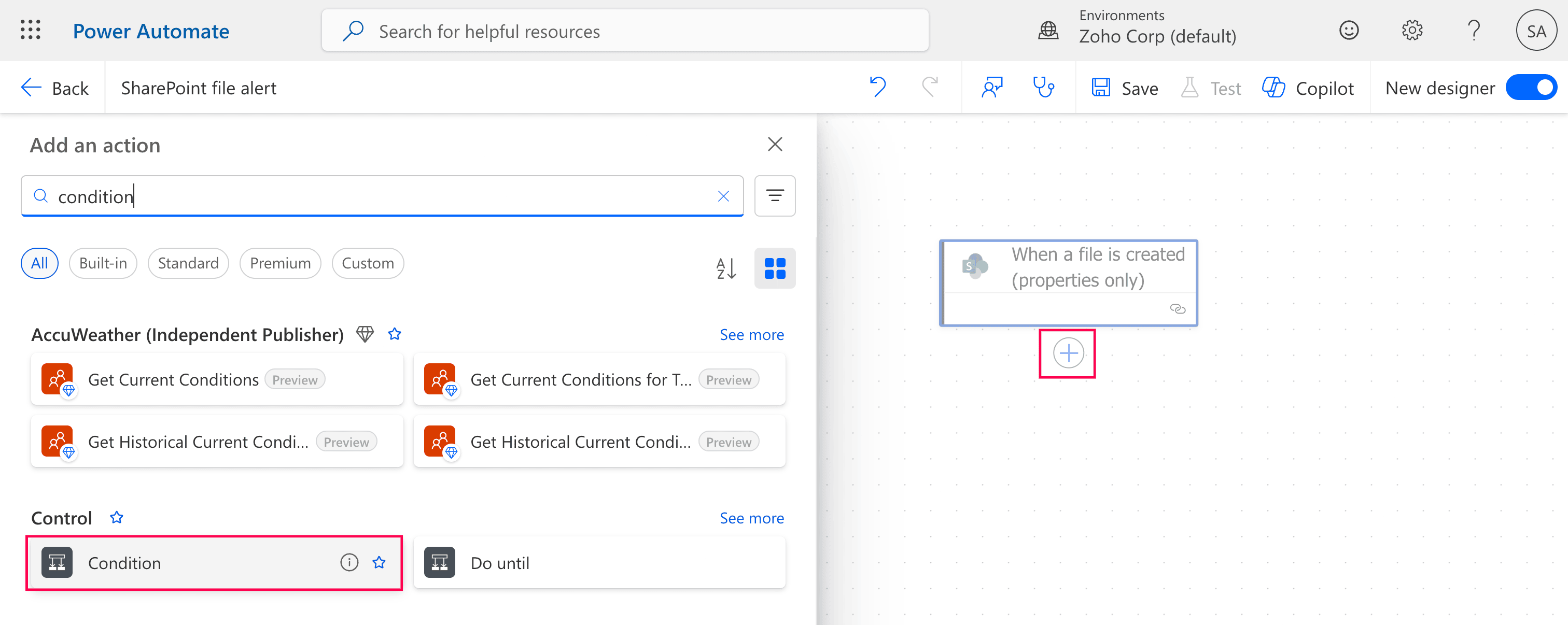 Filtering alert by adding an action.